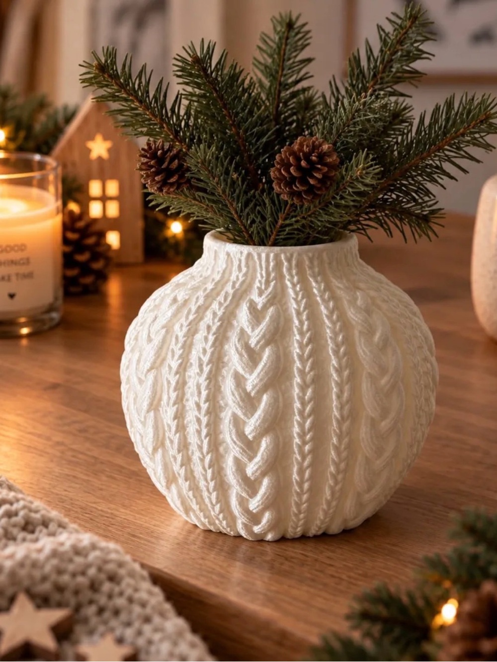 Home Holiday Cream Cable-Knit Ceramic Vase 3d printed